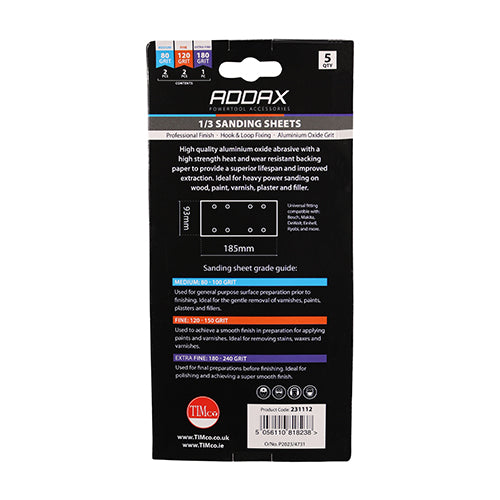 This is an image showing TIMCO 1/3 Sanding Sheets - 180 Grit - Red - Punched - 93 x 185mm - 5 Pieces Pack available from T.H Wiggans Ironmongery in Kendal, quick delivery at discounted prices.