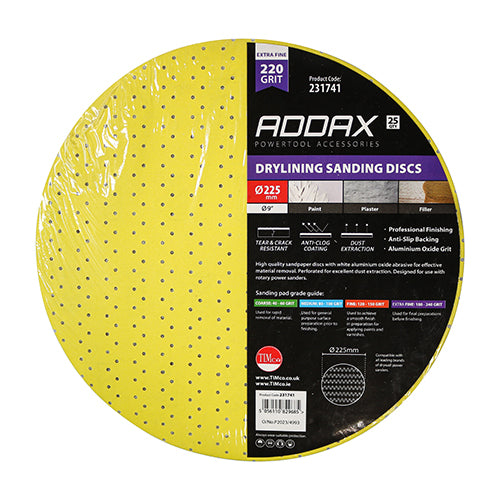 This is an image showing TIMCO Drylining Sanding Discs - 220 Grit - Yellow - 225mm - 25 Pieces Pack available from T.H Wiggans Ironmongery in Kendal, quick delivery at discounted prices.