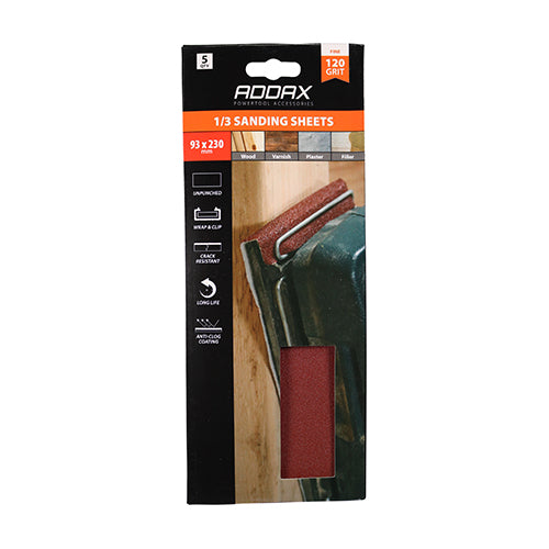This is an image showing TIMCO 1/3 Sanding Sheets - 120 Grit - Red - Unpunched - 93 x 230mm - 5 Pieces Pack available from T.H Wiggans Ironmongery in Kendal, quick delivery at discounted prices.