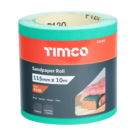 This is an image showing TIMCO Sandpaper Roll - 120 Grit - Green - 115mm x 10m - 1 Each Roll available from T.H Wiggans Ironmongery in Kendal, quick delivery at discounted prices.