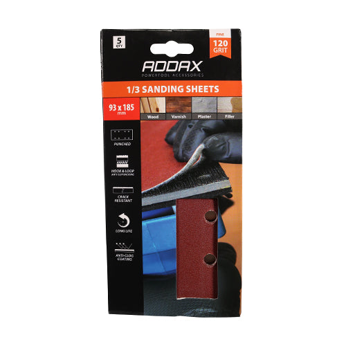 This is an image showing TIMCO 1/3 Sanding Sheets - 120 Grit - Red - Punched - 93 x 185mm - 5 Pieces Pack available from T.H Wiggans Ironmongery in Kendal, quick delivery at discounted prices.
