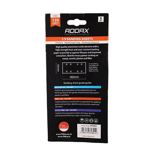 This is an image showing TIMCO 1/3 Sanding Sheets - 120 Grit - Red - Punched - 93 x 185mm - 5 Pieces Pack available from T.H Wiggans Ironmongery in Kendal, quick delivery at discounted prices.