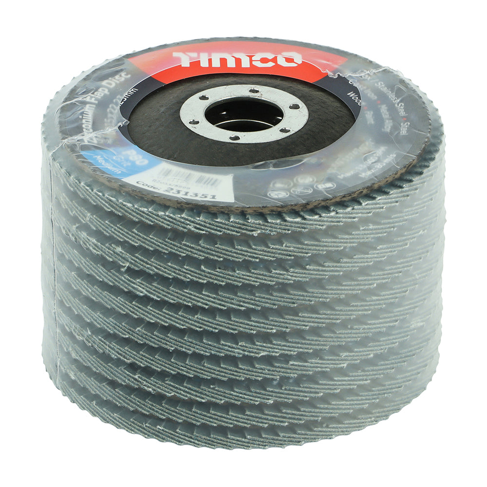 This is an image showing TIMCO Set of Flap Discs - Zirconium - Type 29 Conical - P80 Grit - 115 x 22.23 - 10 Pieces Box available from T.H Wiggans Ironmongery in Kendal, quick delivery at discounted prices.