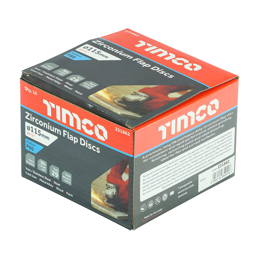 This is an image showing TIMCO Set of Flap Discs - Zirconium - Type 29 Conical - P80 Grit - 115 x 22.23 - 10 Pieces Box available from T.H Wiggans Ironmongery in Kendal, quick delivery at discounted prices.