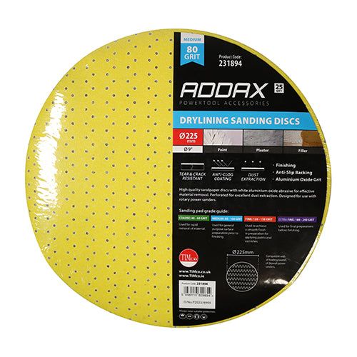 This is an image showing TIMCO Drylining Sanding Discs - 80 Grit - Yellow - 225mm - 25 Pieces Pack available from T.H Wiggans Ironmongery in Kendal, quick delivery at discounted prices.