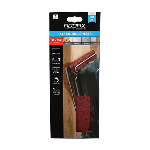 This is an image showing TIMCO 1/3 Sanding Sheets - 80 Grit - Red - Unpunched - 93 x 230mm - 5 Pieces Pack available from T.H Wiggans Ironmongery in Kendal, quick delivery at discounted prices.