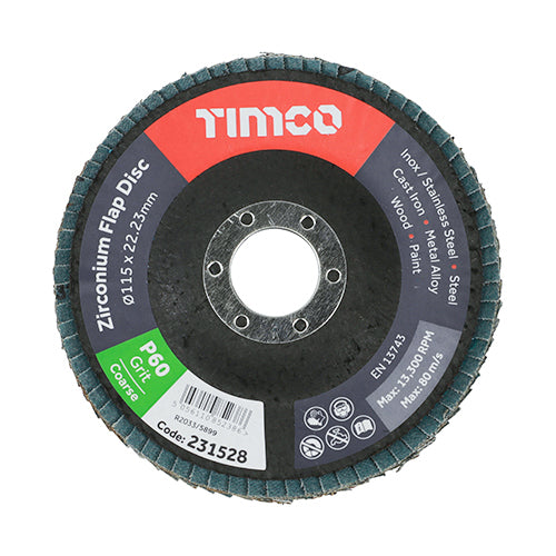This is an image showing TIMCO Set of Flap Discs - Zirconium - Type 29 Conical - P60 Grit - 115 x 22.23 - 10 Pieces Box available from T.H Wiggans Ironmongery in Kendal, quick delivery at discounted prices.