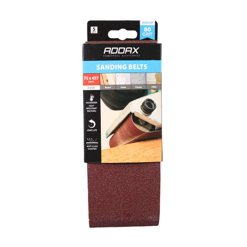 This is an image showing TIMCO Sanding Belts - 80 Grit - Red - 75 x 457mm - 5 Pieces Pack available from T.H Wiggans Ironmongery in Kendal, quick delivery at discounted prices.