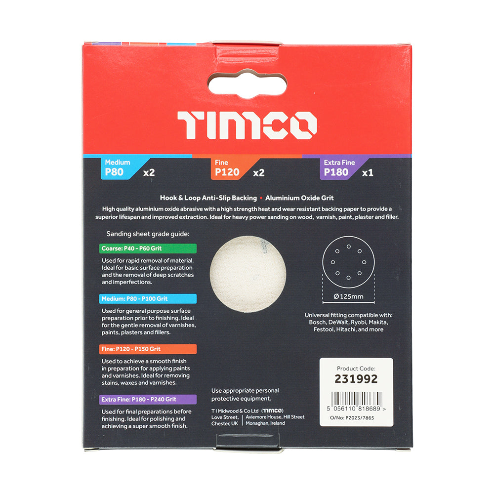 This is an image showing TIMCO Random Orbital Sanding Discs - Mixed - Red - 125mm (80/120/180) - 5 Pieces Pack available from T.H Wiggans Ironmongery in Kendal, quick delivery at discounted prices.