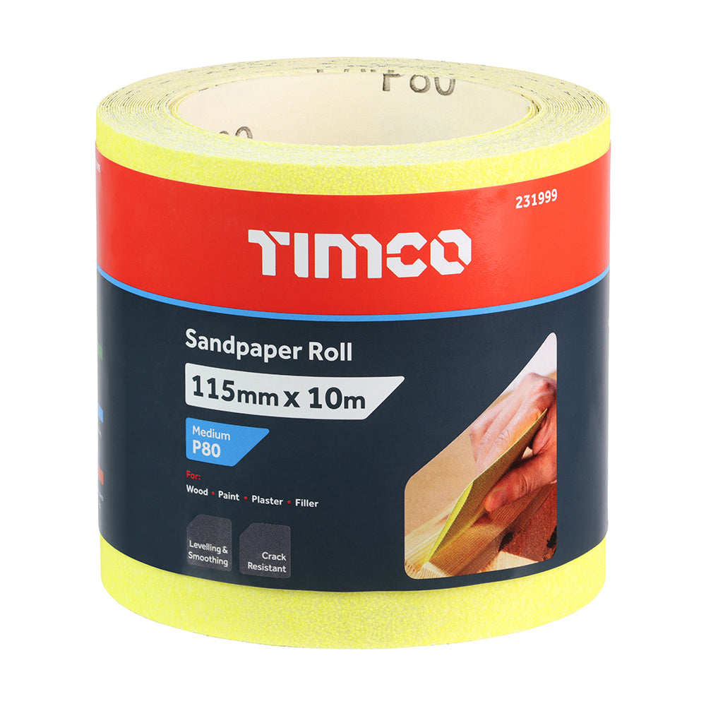 This is an image showing TIMCO Sandpaper Roll - 80 Grit - Yellow - 115mm x 10m - 1 Each Roll available from T.H Wiggans Ironmongery in Kendal, quick delivery at discounted prices.