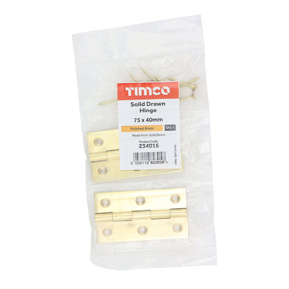 This is an image showing TIMCO Solid Drawn Hinge - Solid Brass - Polished Brass - 75 x 40 - 2 Pieces Bag available from T.H Wiggans Ironmongery in Kendal, quick delivery at discounted prices.
