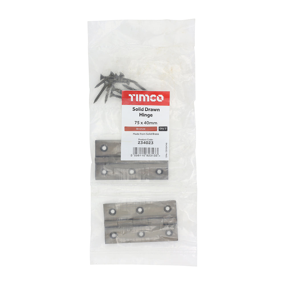 This is an image showing TIMCO Solid Drawn Hinge - Solid Brass - Bronze - 75 x 40 - 2 Pieces Bag available from T.H Wiggans Ironmongery in Kendal, quick delivery at discounted prices.