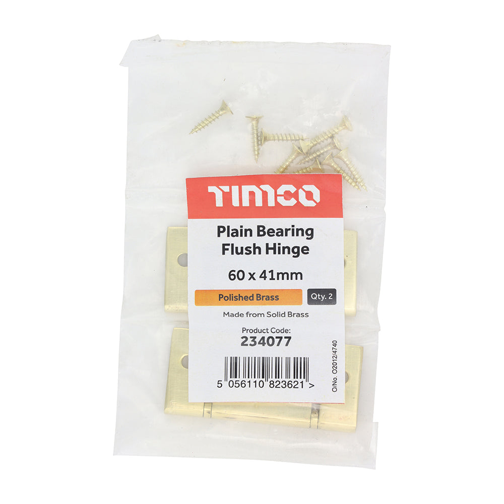 This is an image showing TIMCO Plain Bearing Flush Hinge - Solid Brass - Polished Brass - 60 x 41 - 2 Pieces Bag available from T.H Wiggans Ironmongery in Kendal, quick delivery at discounted prices.