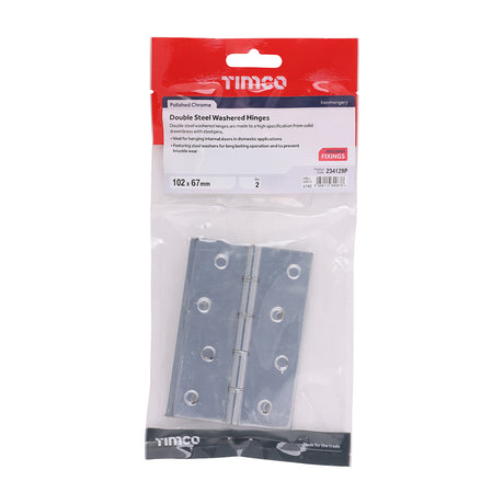 This is an image showing TIMCO Double Steel Washered Butt Hinge - Solid Brass - Polished Chrome - 102 x 67 - 2 Pieces TIMbag available from T.H Wiggans Ironmongery in Kendal, quick delivery at discounted prices.