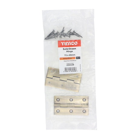 This is an image showing TIMCO Solid Drawn Hinge - Solid Brass - Antique Brass - 75 x 40 - 2 Pieces Bag available from T.H Wiggans Ironmongery in Kendal, quick delivery at discounted prices.