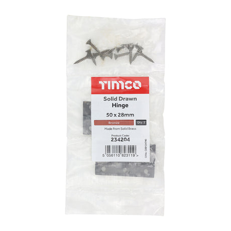 This is an image showing TIMCO Solid Drawn Hinge - Solid Brass - Bronze - 50 x 28 - 2 Pieces Bag available from T.H Wiggans Ironmongery in Kendal, quick delivery at discounted prices.