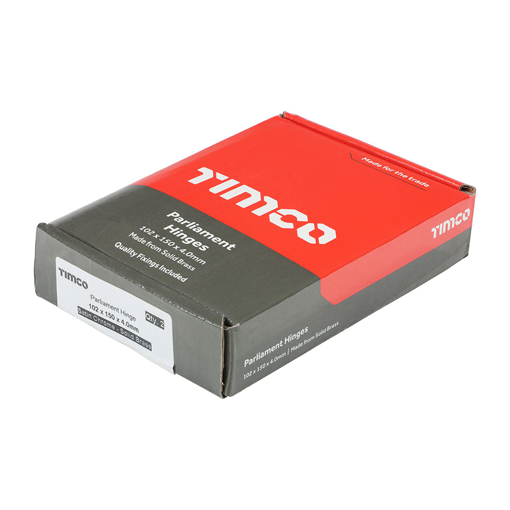 This is an image showing TIMCO Parliament Hinge (488) - Solid Brass - Satin Chrome - 102 x 150 - 2 Pieces Box available from T.H Wiggans Ironmongery in Kendal, quick delivery at discounted prices.