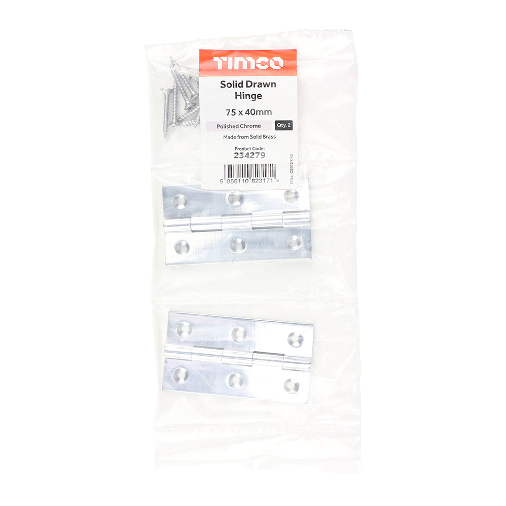 This is an image showing TIMCO Solid Drawn Hinge - Solid Brass - Polished Chrome - 75 x 40 - 2 Pieces Bag available from T.H Wiggans Ironmongery in Kendal, quick delivery at discounted prices.