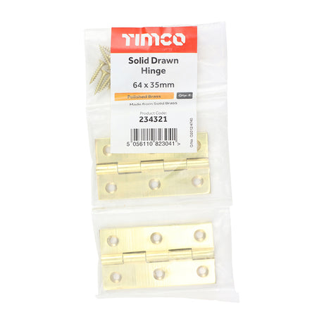 This is an image showing TIMCO Solid Drawn Hinge - Solid Brass - Polished Brass - 64 x 35 - 2 Pieces Bag available from T.H Wiggans Ironmongery in Kendal, quick delivery at discounted prices.