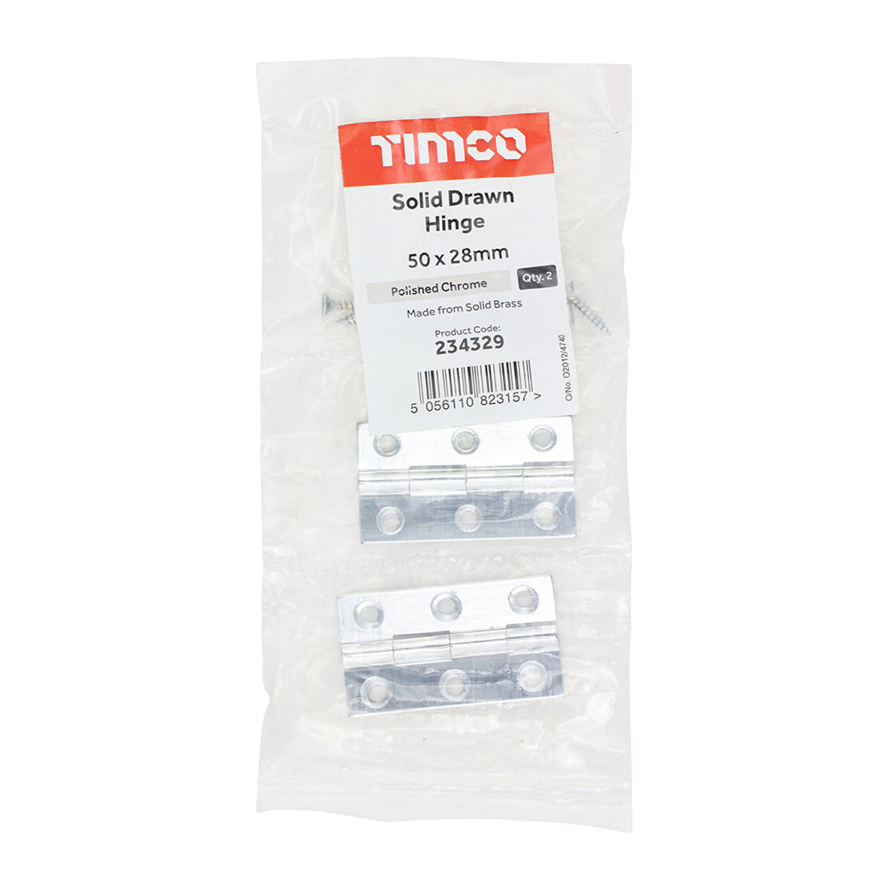 This is an image showing TIMCO Solid Drawn Hinge - Solid Brass - Polished Chrome - 50 x 28 - 2 Pieces Bag available from T.H Wiggans Ironmongery in Kendal, quick delivery at discounted prices.