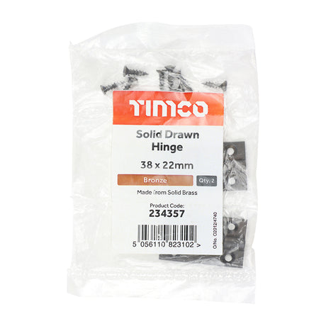 This is an image showing TIMCO Solid Drawn Hinge - Solid Brass - Bronze - 38 x 22 - 2 Pieces Bag available from T.H Wiggans Ironmongery in Kendal, quick delivery at discounted prices.