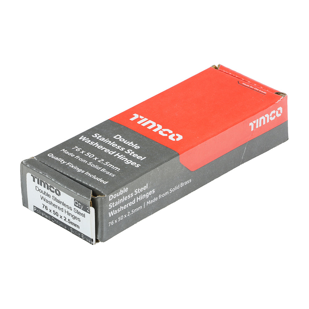This is an image showing TIMCO Double Stainless Steel Washered Butt Hinge - Solid Brass - Polished Chrome - 76 x 50 - 2 Pieces Box available from T.H Wiggans Ironmongery in Kendal, quick delivery at discounted prices.