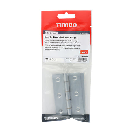 This is an image showing TIMCO Double Steel Washered Butt Hinge - Solid Brass - Satin Chrome - 76 x 50 - 2 Pieces TIMpac available from T.H Wiggans Ironmongery in Kendal, quick delivery at discounted prices.