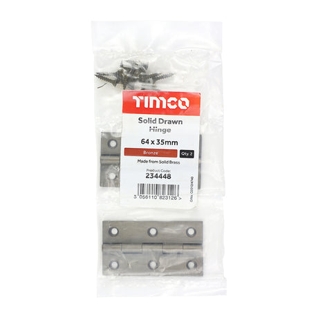 This is an image showing TIMCO Solid Drawn Hinge - Solid Brass - Bronze - 64 x 35 - 2 Pieces Bag available from T.H Wiggans Ironmongery in Kendal, quick delivery at discounted prices.