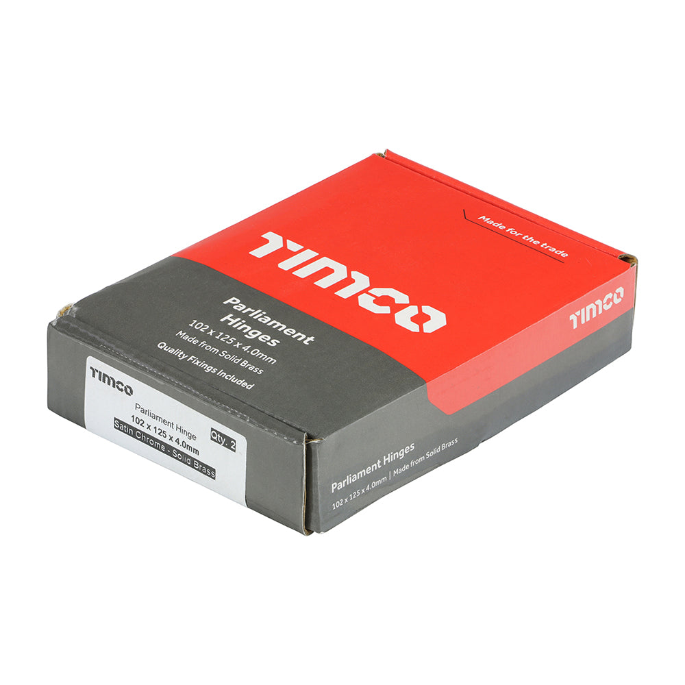 This is an image showing TIMCO Parliament Hinge (488) - Solid Brass - Satin Chrome - 102 x 125 - 2 Pieces Box available from T.H Wiggans Ironmongery in Kendal, quick delivery at discounted prices.