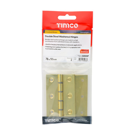 This is an image showing TIMCO Double Steel Washered Butt Hinge - Solid Brass - Polished Brass - 76 x 50 - 2 Pieces TIMpac available from T.H Wiggans Ironmongery in Kendal, quick delivery at discounted prices.