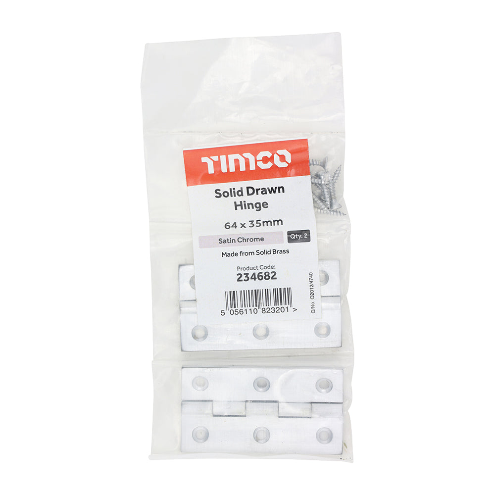 This is an image showing TIMCO Solid Drawn Hinge - Solid Brass - Satin Chrome - 64 x 35 - 2 Pieces Bag available from T.H Wiggans Ironmongery in Kendal, quick delivery at discounted prices.
