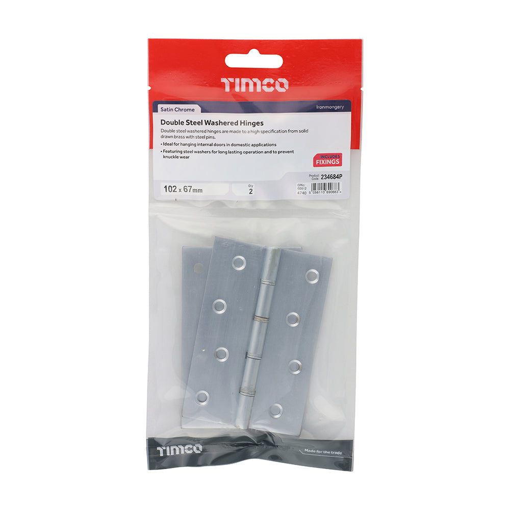 This is an image showing TIMCO Double Steel Washered Butt Hinge - Solid Brass - Satin Chrome - 102 x 67 - 2 Pieces TIMbag available from T.H Wiggans Ironmongery in Kendal, quick delivery at discounted prices.
