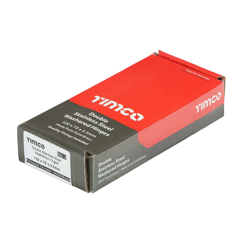 This is an image showing TIMCO Double Stainless Steel Washered Butt Hinge - Solid Brass - Polished Chrome - 102 x 75 - 2 Pieces Box available from T.H Wiggans Ironmongery in Kendal, quick delivery at discounted prices.
