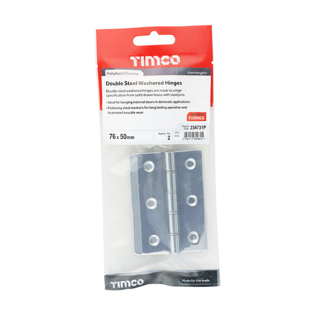 This is an image showing TIMCO Double Steel Washered Butt Hinge - Solid Brass - Polished Chrome - 76 x 50 - 2 Pieces TIMpac available from T.H Wiggans Ironmongery in Kendal, quick delivery at discounted prices.