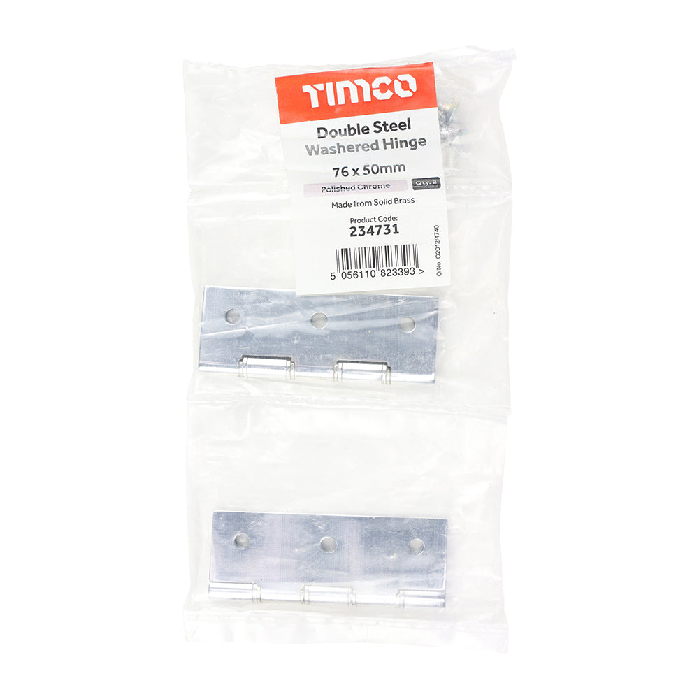 This is an image showing TIMCO Double Steel Washered Butt Hinge - Solid Brass - Polished Chrome - 76 x 50 - 2 Pieces Bag available from T.H Wiggans Ironmongery in Kendal, quick delivery at discounted prices.