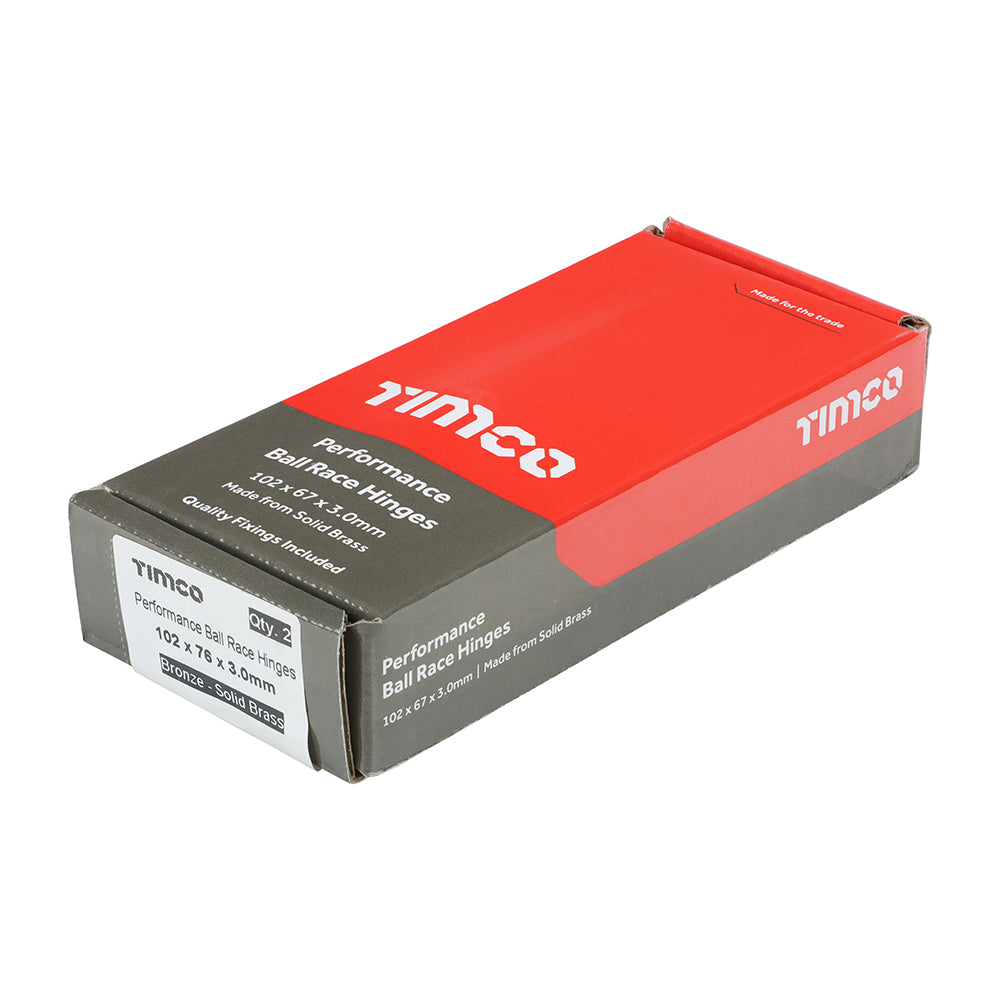This is an image showing TIMCO Performance Ball Race Hinge - Solid Brass - Bronze - 102 x 76 - 2 Pieces Box available from T.H Wiggans Ironmongery in Kendal, quick delivery at discounted prices.