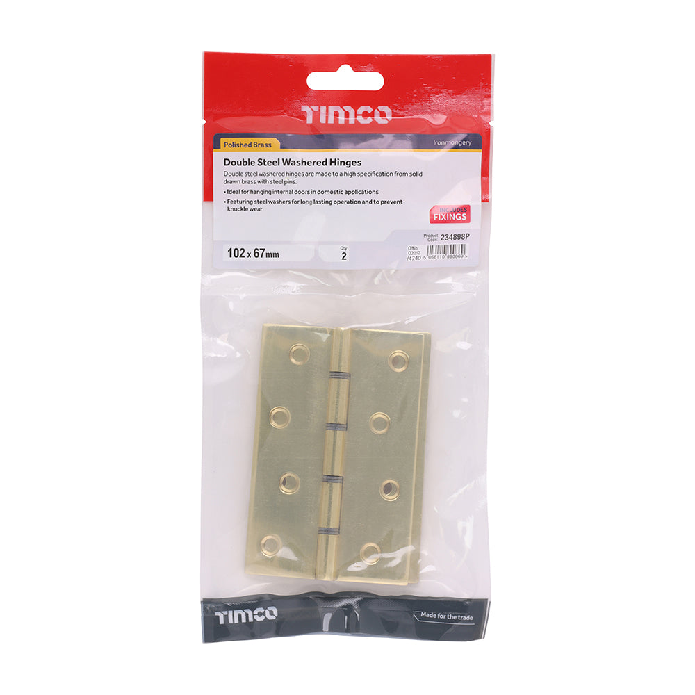 This is an image showing TIMCO Double Steel Washered Butt Hinge - Solid Brass - Polished Brass - 102 x 67 - 2 Pieces TIMbag available from T.H Wiggans Ironmongery in Kendal, quick delivery at discounted prices.