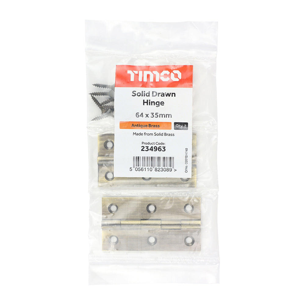 This is an image showing TIMCO Solid Drawn Hinge - Solid Brass - Antique Brass - 64 x 35 - 2 Pieces Bag available from T.H Wiggans Ironmongery in Kendal, quick delivery at discounted prices.