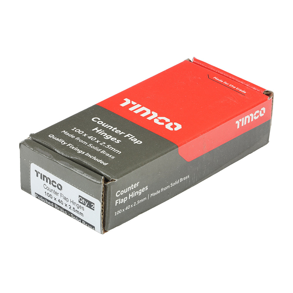 This is an image showing TIMCO Counterflap Hinge - Solid Brass - Polished Brass - 100 x 40 - 2 Pieces Box available from T.H Wiggans Ironmongery in Kendal, quick delivery at discounted prices.