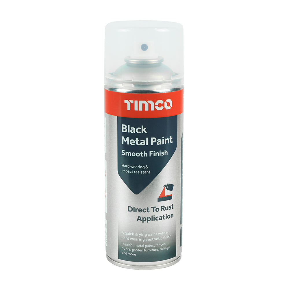 This is an image showing TIMCO Black Metal Paint - Smooth Finish - 380ml - 1 Each Can available from T.H Wiggans Ironmongery in Kendal, quick delivery at discounted prices.