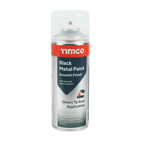 This is an image showing TIMCO Black Metal Paint - Smooth Finish - 380ml - 1 Each Can available from T.H Wiggans Ironmongery in Kendal, quick delivery at discounted prices.