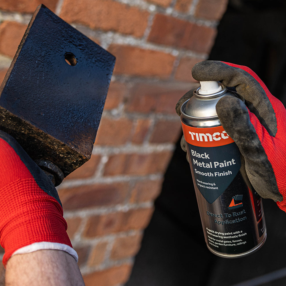 This is an image showing TIMCO Black Metal Paint - Smooth Finish - 380ml - 1 Each Can available from T.H Wiggans Ironmongery in Kendal, quick delivery at discounted prices.