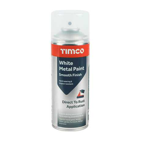This is an image showing TIMCO White Metal Paint - Smooth Finish - 380ml - 1 Each Can available from T.H Wiggans Ironmongery in Kendal, quick delivery at discounted prices.