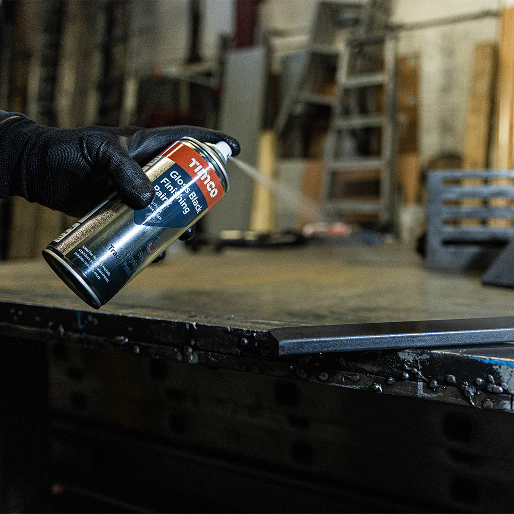 This is an image showing TIMCO Gloss Black Finishing Paint - 380ml - 1 Each Can available from T.H Wiggans Ironmongery in Kendal, quick delivery at discounted prices.