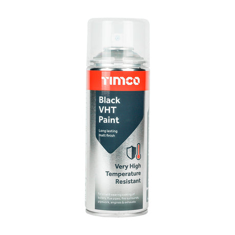 This is an image showing TIMCO Black VHT Paint - 380ml - 1 Each Can available from T.H Wiggans Ironmongery in Kendal, quick delivery at discounted prices.