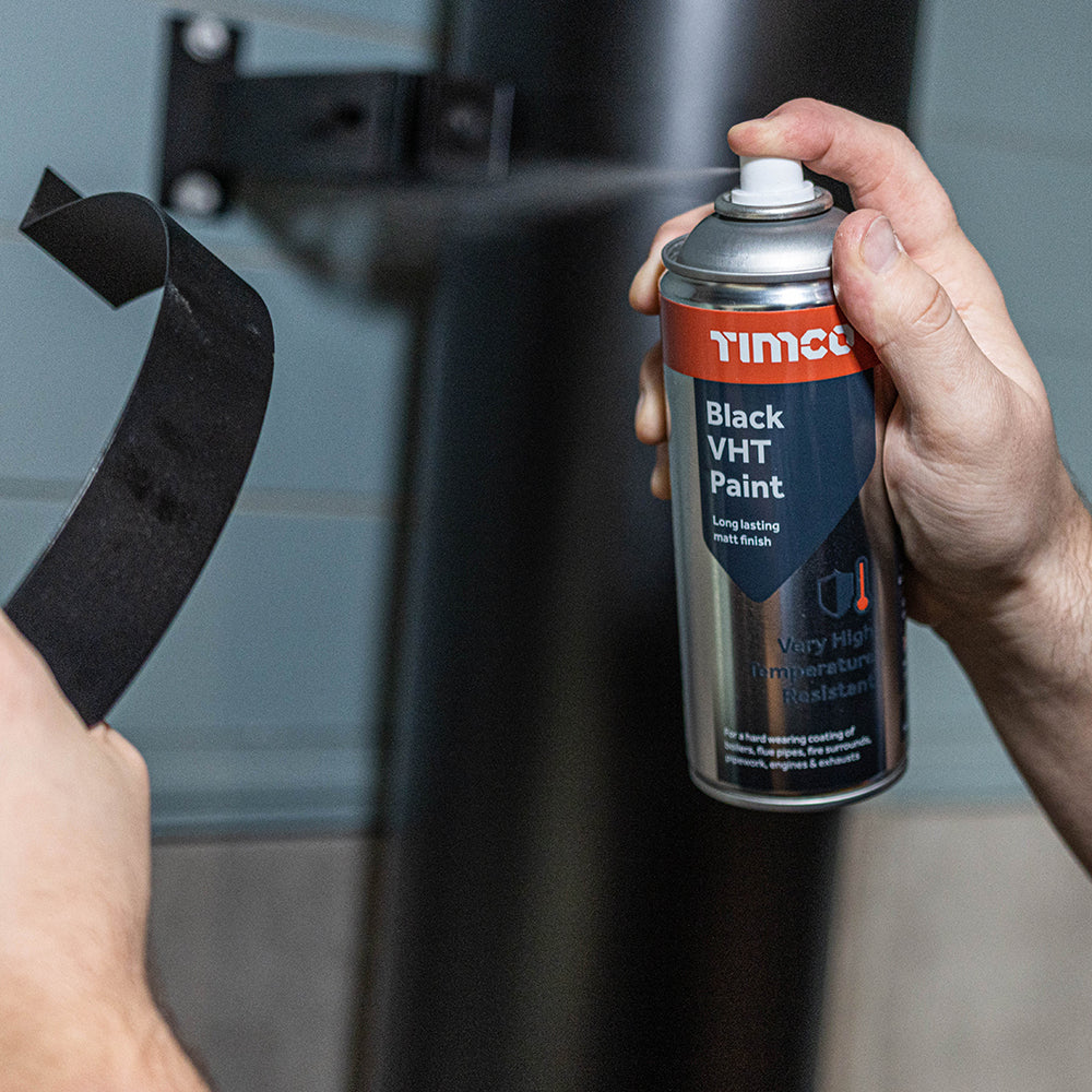 This is an image showing TIMCO Black VHT Paint - 380ml - 1 Each Can available from T.H Wiggans Ironmongery in Kendal, quick delivery at discounted prices.