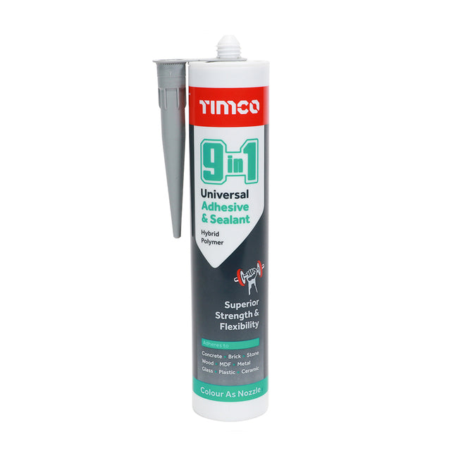 This is an image showing TIMCO 9 in 1 Universal Adhesive & Sealant - Grey - 290ml - 1 Each Cartridge available from T.H Wiggans Ironmongery in Kendal, quick delivery at discounted prices.