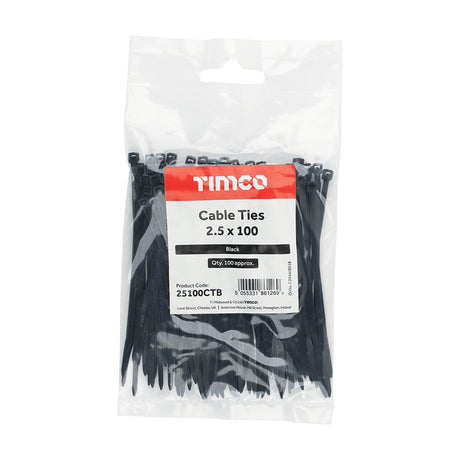 This is an image showing TIMCO Cable Ties - Black - 2.5 x 100 - 100 Pieces Bag available from T.H Wiggans Ironmongery in Kendal, quick delivery at discounted prices.