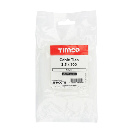 This is an image showing TIMCO Cable Ties - Natural - 2.5 x 100 - 100 Pieces Bag available from T.H Wiggans Ironmongery in Kendal, quick delivery at discounted prices.