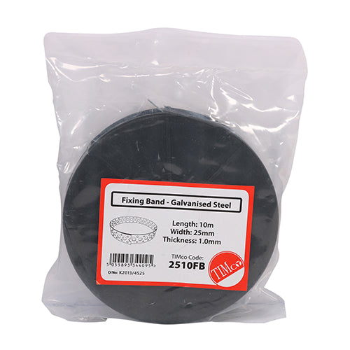 This is an image showing TIMCO Fixing Band - Galvanised - 25mm x 10m - 1 Each Bag available from T.H Wiggans Ironmongery in Kendal, quick delivery at discounted prices.